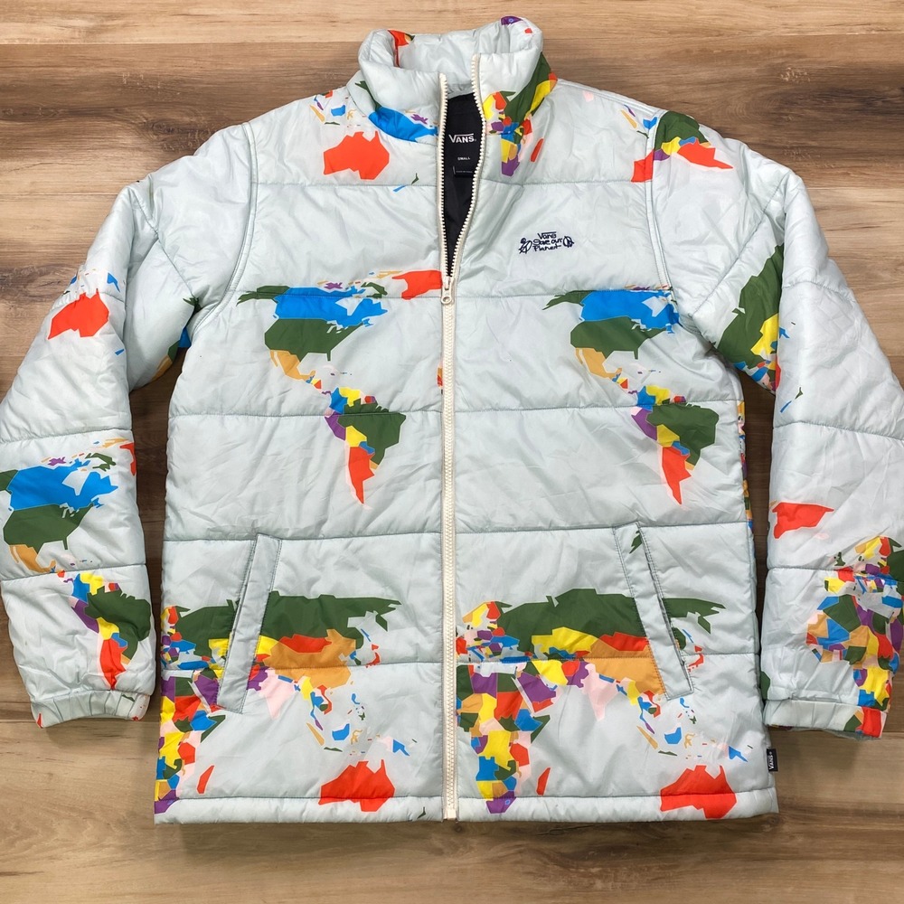 Vans Puffer Jacket Men Small Save Our Planet World Map Polyester Blue Streetwear